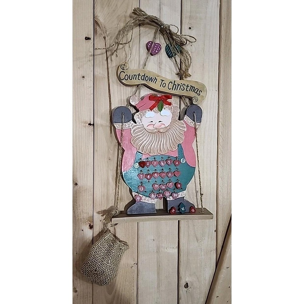 Vintage 90's Wooden Santa Claus Countdown To Christmas Advent Calendar Hanging